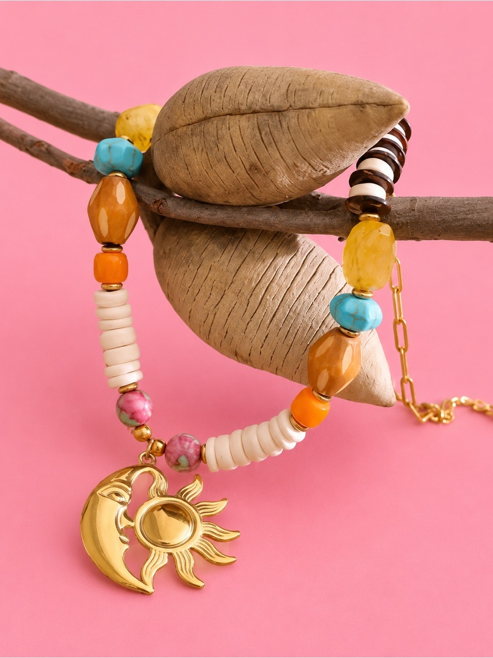 Celestial Sun Moon Gold Beaded Necklace - Picture 4 of 17